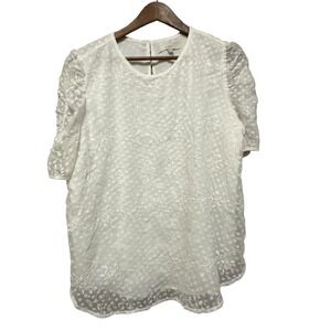 LOFT White Floral Embroidery Polka Dot Sheer Puff Sleeve Blouse‎ Top XL